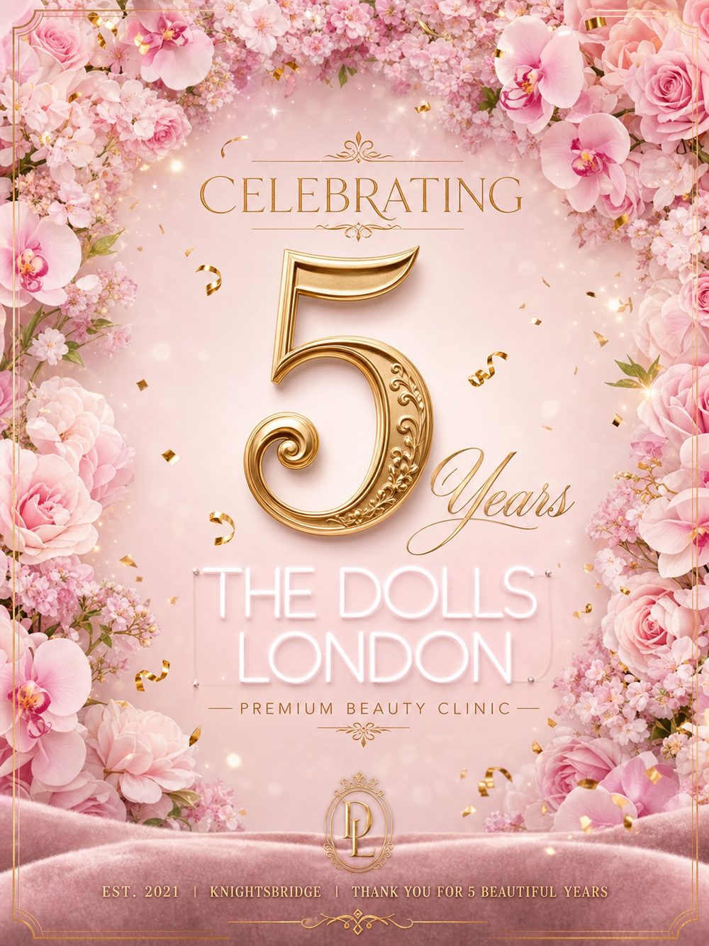 Anniversary poster: celebrating 5 years of The Dolls London, premium beauty clinic